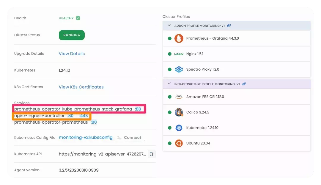 A screenshot of the Palette user interface with two boxes highlighting the load balancers that you need to add to your CNAME.